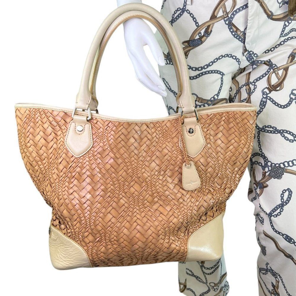 Cole Haan Light Tan Leather Woven Double Handled Large Tote Bag